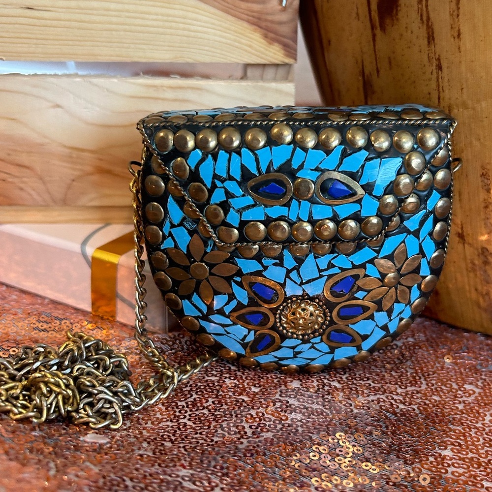 Handcrafted Metal Mosaic Stone Hard Shell Purse micro size